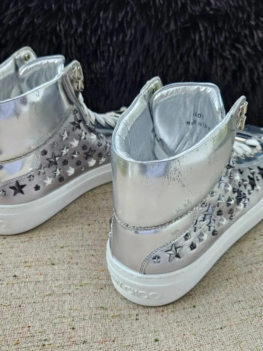 Jimmy Choo Women Sneaker Silver Tone Studs High Top Shoes Size 40.5 Made Italy